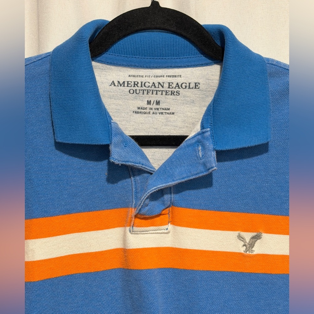 American Eagle Polo Shirt Blue Orange Striped Short Sleeve Cotton Preppy Mens M